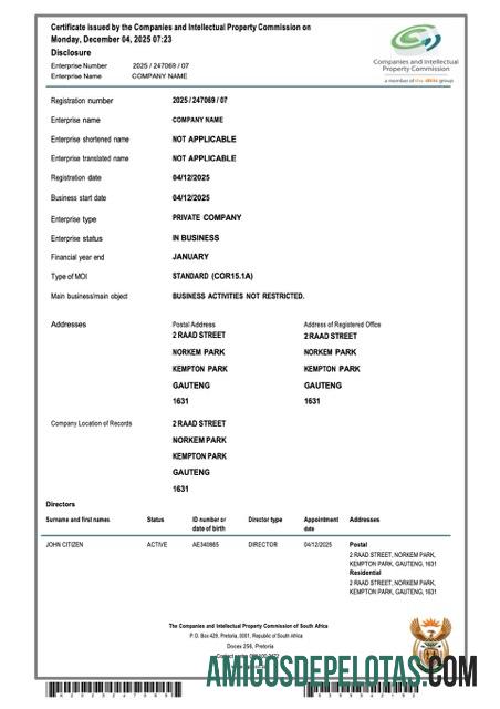 Certificado de registro de empresa da África do Sul para impressão, modelo Word e PDF